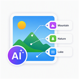 AI Photo Tagging artwork with a landscape, keyword labels, and AI badge